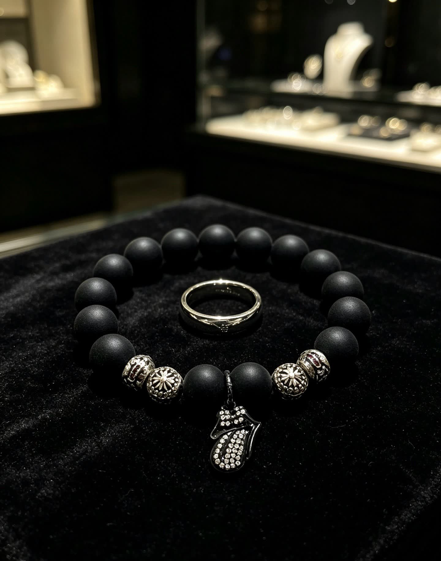 Chrome Hearts Black Beaded Bracelet with Silver Charms